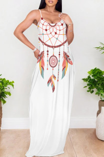 White Elegant Print Patchwork Backless Spaghetti Strap Sling Dresses