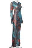 Blue Elegant Print Patchwork See-Through O Neck Long Dresses
