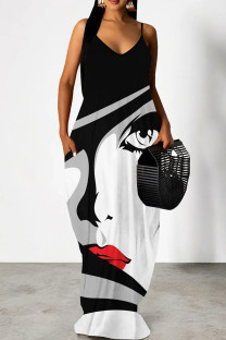 Black White Elegant Print Patchwork Backless Spaghetti Strap Sling Dresses