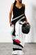 Black White Elegant Print Patchwork Backless Spaghetti Strap Sling Dresses