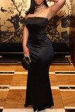 Black Sexy Solid Color Patchwork Backless Strapless Long Dresses