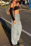 Light Gray Casual Solid Color Draw String Pocket Patchwork Loose Mid Waist Wide Leg Patchwork Bottoms