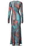 Blue Elegant Print Patchwork See-Through O Neck Long Dresses