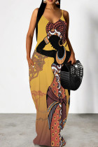 Gold Elegant Print Patchwork Backless Spaghetti Strap Sling Dresses