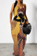 Gold Elegant Print Patchwork Backless Spaghetti Strap Sling Dresses