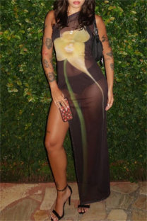 Black Casual Print See-Through Slit Oblique Collar Long Dresses