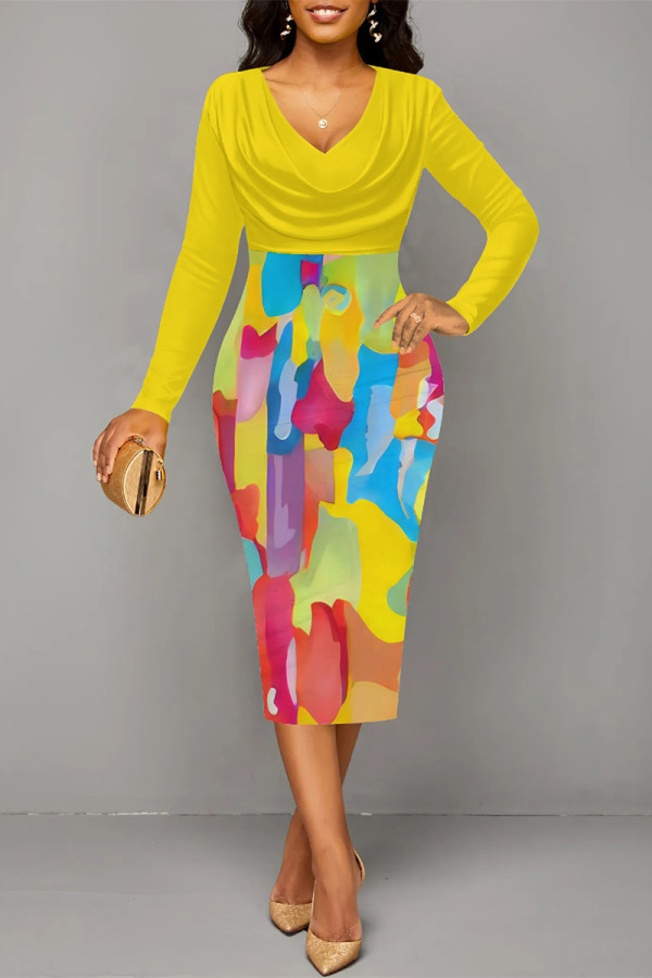 Yellow Elegant Geometric Print Contrast V Neck Printed Dresses