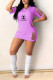 Purple Casual Letter Print Ripped O Neck Short Sleeve Short Sleeve Dress