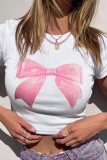 White Casual Bow printing Basic O Neck T-Shirts