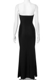 Black Sexy Solid Color Patchwork Backless Strapless Long Dresses