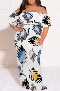 White Casual Street Floral Print Off Shoulder Printed Plus Size Dresses