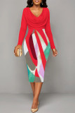 Red Elegant Geometric Print Contrast V Neck Printed Dresses