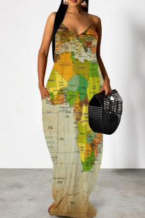 khaki Green Elegant Print Patchwork Backless Spaghetti Strap Sling Dresses