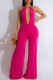 Rose Red Sexy Solid Color Patchwork Deep V Neck Regular Jumpsuits