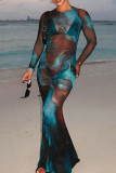 Blue Elegant Print Patchwork See-Through O Neck Long Dresses