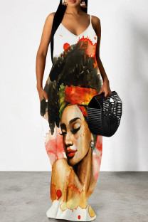 Red White Elegant Print Patchwork Backless Spaghetti Strap Sling Dresses