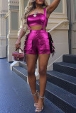Rose Red Sexy Fringed Trim Hollow Out Pocket Patchwork Backless Strapless Sleeveless Two Pieces