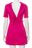 Rose Red Street Solid Color Patchwork Backless Bow Decor O Neck A Line Dresses