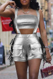 Rose Red Sexy Fringed Trim Hollow Out Pocket Patchwork Backless Strapless Sleeveless Two Pieces