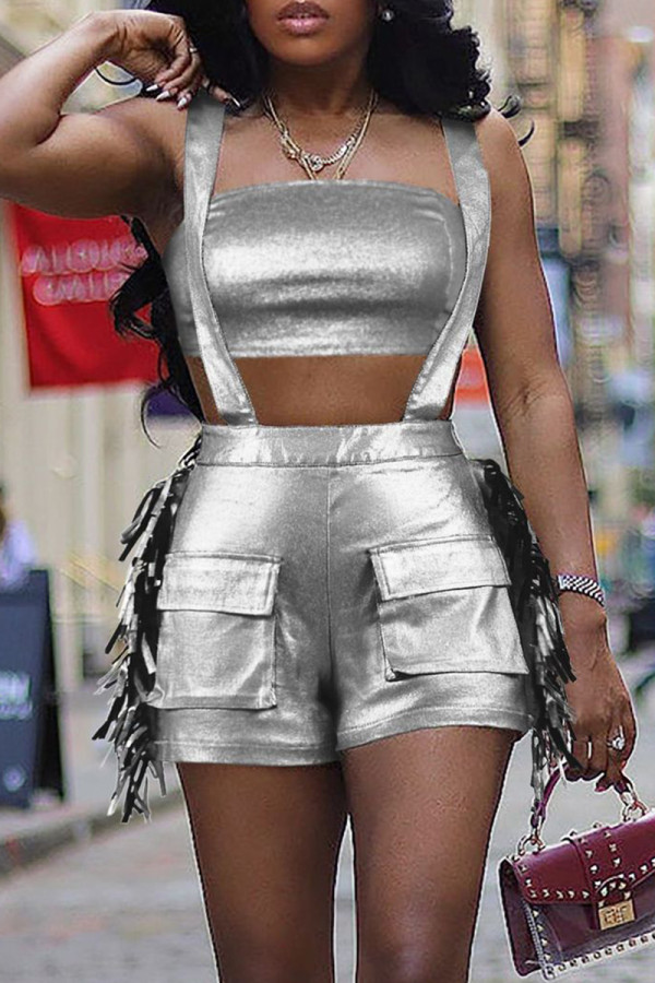 Silver Sexy Fringed Trim Hollow Out Pocket Patchwork Backless Strapless Sleeveless Two Pieces