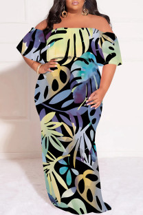 Black Casual Street Floral Print Off Shoulder Printed Plus Size Dresses