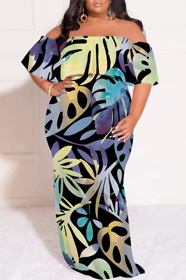 Black Casual Street Floral Print Off Shoulder Printed Plus Size Dresses
