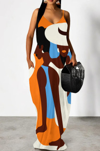 Orange Blue Elegant Print Patchwork Backless Spaghetti Strap Sling Dresses