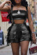 Black Sexy Fringed Trim Hollow Out Pocket Patchwork Backless Strapless Sleeveless Two Pieces