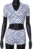 White Sexy Plaid Patchwork Deep V Neck Short Sleeve Two Pieces
