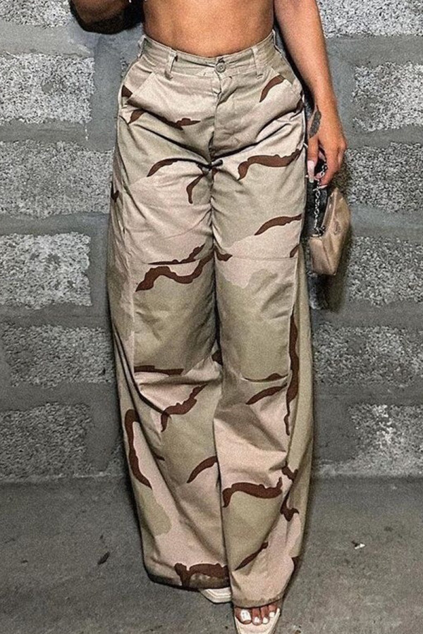 Khaki Casual Camouflage Print Buttons Patchwork Zipper Loose Mid Waist Wide Leg Full Print Bottoms