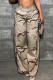 Khaki Casual Camouflage Print Buttons Patchwork Zipper Loose Mid Waist Wide Leg Full Print Bottoms