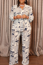 White Casual Print Buttons Patchwork Strap Design Turndown Collar Long Sleeve Two Pieces