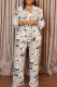 White Casual Print Buttons Patchwork Strap Design Turndown Collar Long Sleeve Two Pieces