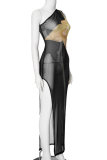 Black Casual Print See-Through Slit Oblique Collar Long Dresses