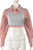 Red White Street Stripe Buckle Patchwork Shirt Collar Tops(Two Pieces)