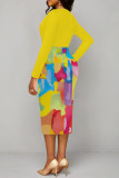 Red Elegant Geometric Print Contrast V Neck Printed Dresses