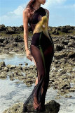 Black Casual Print See-Through Slit Oblique Collar Long Dresses