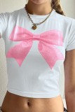 White Casual Bow printing Basic O Neck T-Shirts
