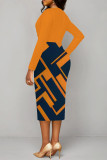 Red Elegant Geometric Print Contrast V Neck Printed Dresses