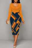 Red Elegant Geometric Print Contrast V Neck Printed Dresses