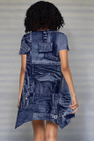 Baby Blue Casual Faux Denim Print O Neck Printed Short Sleeve Dress