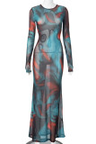 Blue Elegant Print Patchwork See-Through O Neck Long Dresses