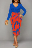 Red Elegant Geometric Print Contrast V Neck Printed Dresses