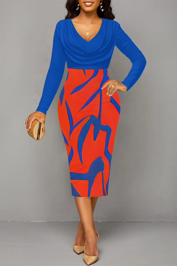 Blue Elegant Geometric Print Contrast V Neck Printed Dresses