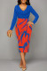 Blue Elegant Geometric Print Contrast V Neck Printed Dresses