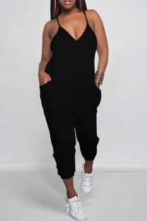 Black Sexy Solid Color Pocket Patchwork Backless Spaghetti Strap Regular Jumpsuits