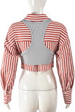 Red White Street Stripe Buckle Patchwork Shirt Collar Tops(Two Pieces)