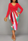 Red Elegant Geometric Print Contrast V Neck Printed Dresses