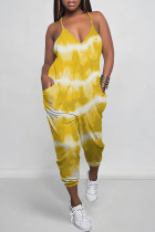 Yellow Casual Street Tie Dye Print Pocket Contrast V Neck Loose Jumpsuits