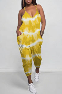 Yellow Casual Street Tie Dye Print Pocket Contrast V Neck Loose Jumpsuits